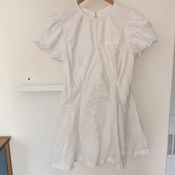 Anthropologie Maeve Puff Sleeve White Cotton Lined Smocked Mini A Line Dress M - Picture 3 of 7